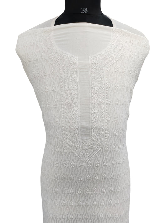 Shyamal Chikan Hand Embroidered White Malmal Cotton Lucknowi Chikankari Unstitched Men's Kurta Piece – S23186