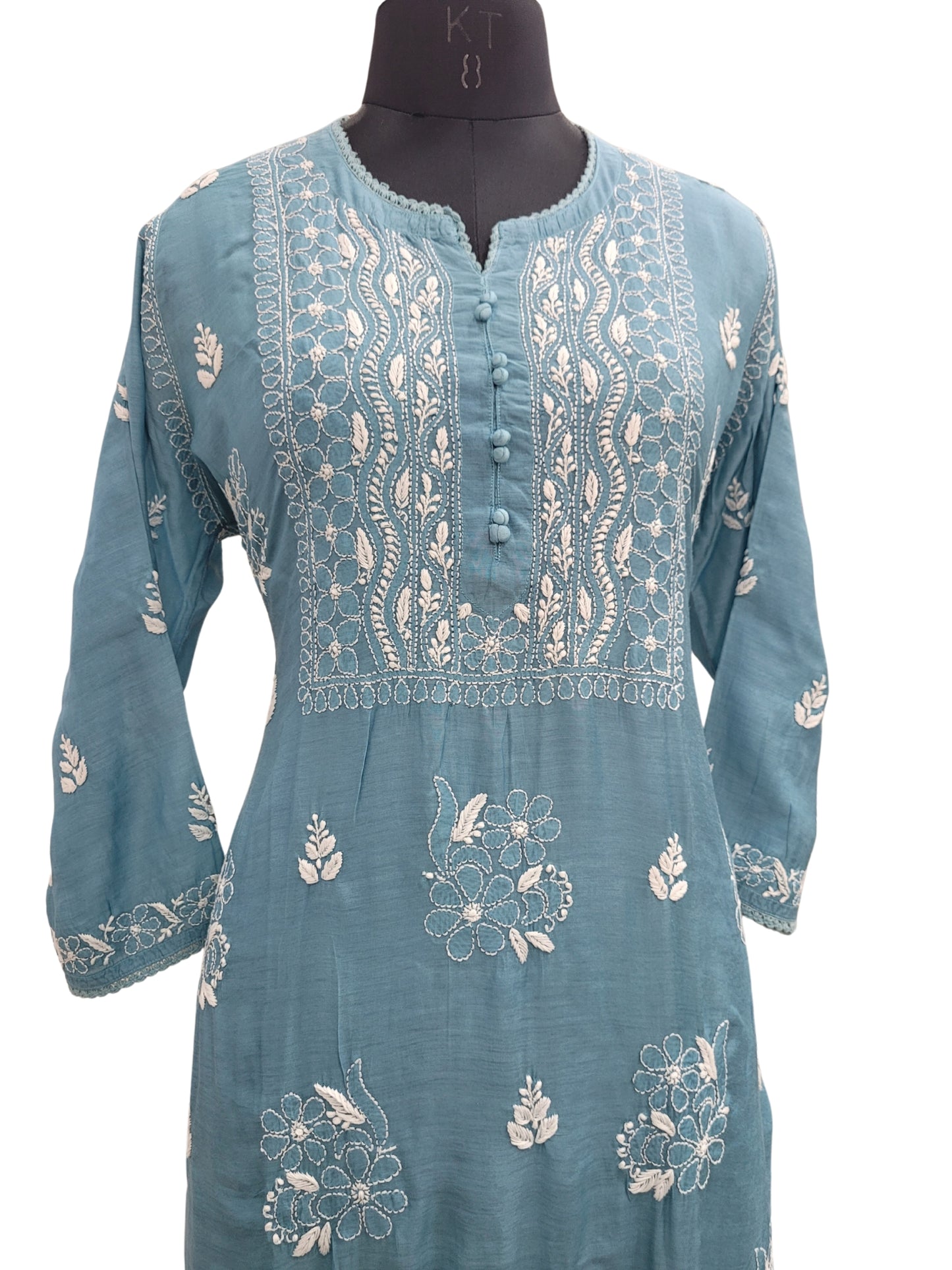 Shyamal Chikan Hand Embroidered Blue Muslin Lucknowi Chikankari Kurti - S24863