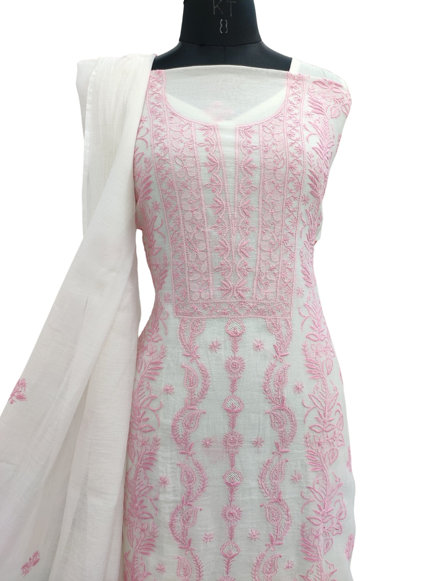 Shyamal Chikan Hand Embroidered White Mul Chanderi Lucknowi Chikankari Unstitched Suit Piece (Kurta Dupatta Set) - 23743