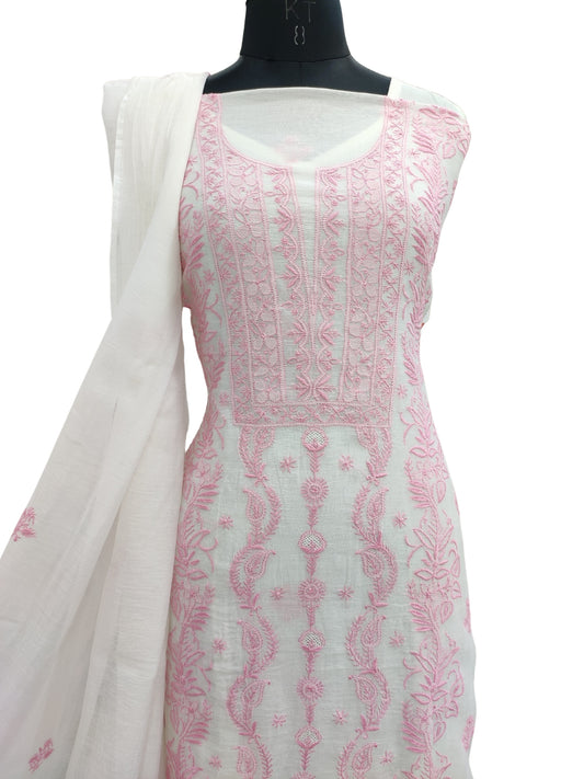 Shyamal Chikan Hand Embroidered White Mul Chanderi Lucknowi Chikankari Unstitched Suit Piece (Kurta Dupatta Set) - S23743