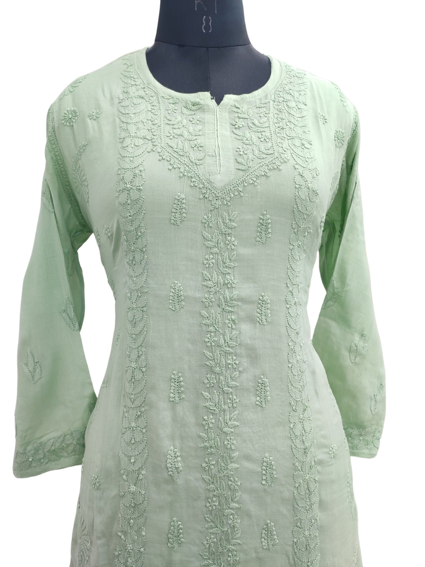 Shyamal Chikan Hand Embroidered Green Pure Cotton Lucknowi Chikankari Short Top- 23459