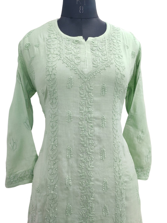 Shyamal Chikan Hand Embroidered Green Pure Cotton Lucknowi Chikankari Short Top - S23459