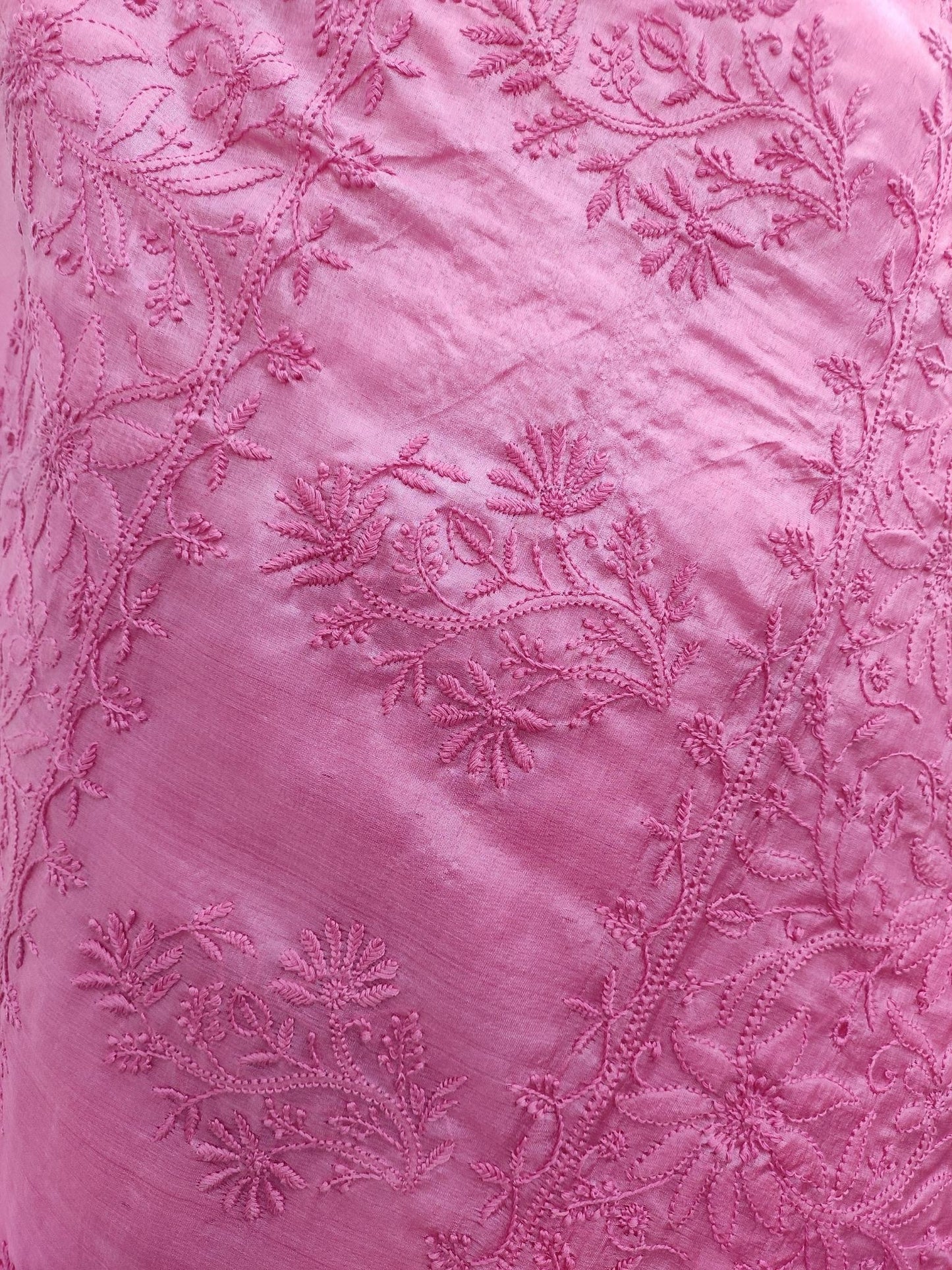 Shyamal Chikan Hand Embroidered Pink Pure Tusser Silk Lucknowi Chikankari Saree With Blouse Piece- S21297