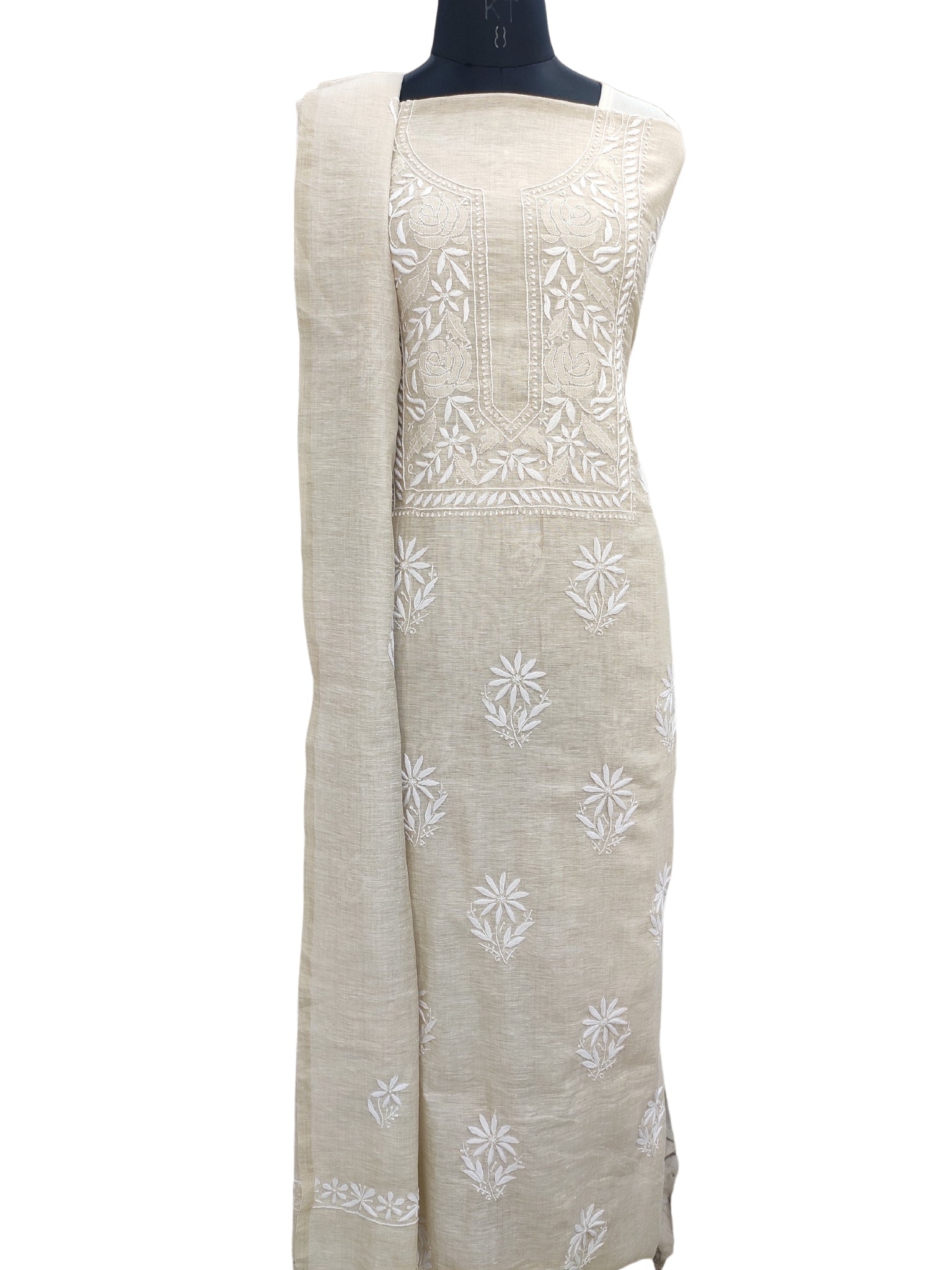 Shyamal Chikan Hand Embroidered Natural Beige Khadi Chanderi Lucknowi Chikankari Unstitched Suit Piece ( Set of 2 )- S18112