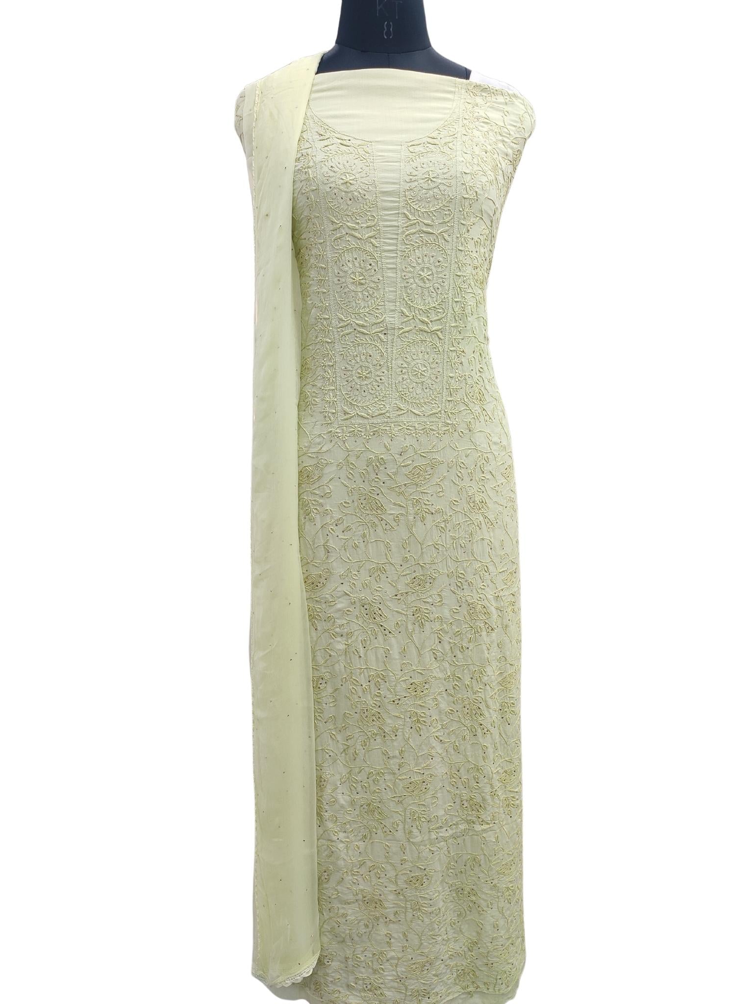 Shyamal Chikan Hand Embroidered Green Modal Lucknowi Chikankari Unstitched Suit Piece With Mukaish Work - S20832