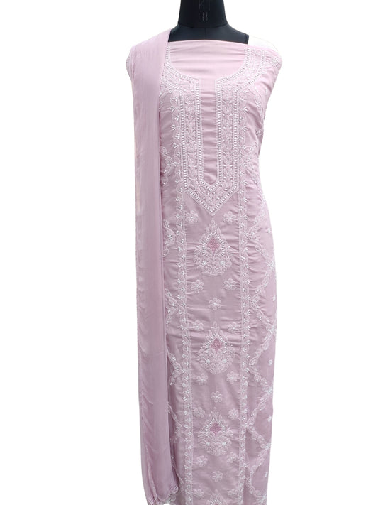 Shyamal Chikan Hand Embroidered Plum Cotton Lucknowi Chikankari Unstitched Suit Piece - S26618