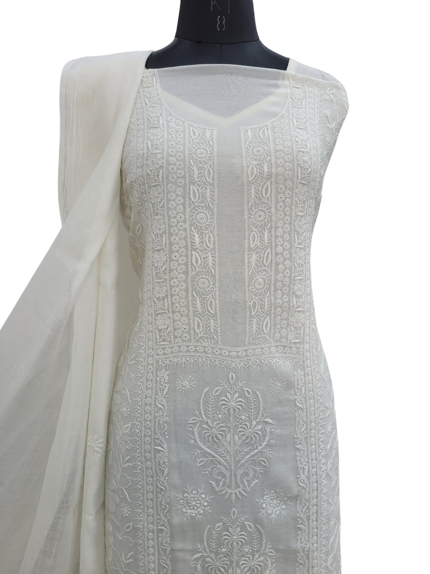 Shyamal Chikan Hand Embroidered White Mul Chanderi Lucknowi Chikankari Unstitched Suit Piece (Kurta Dupatta Set) - S24593