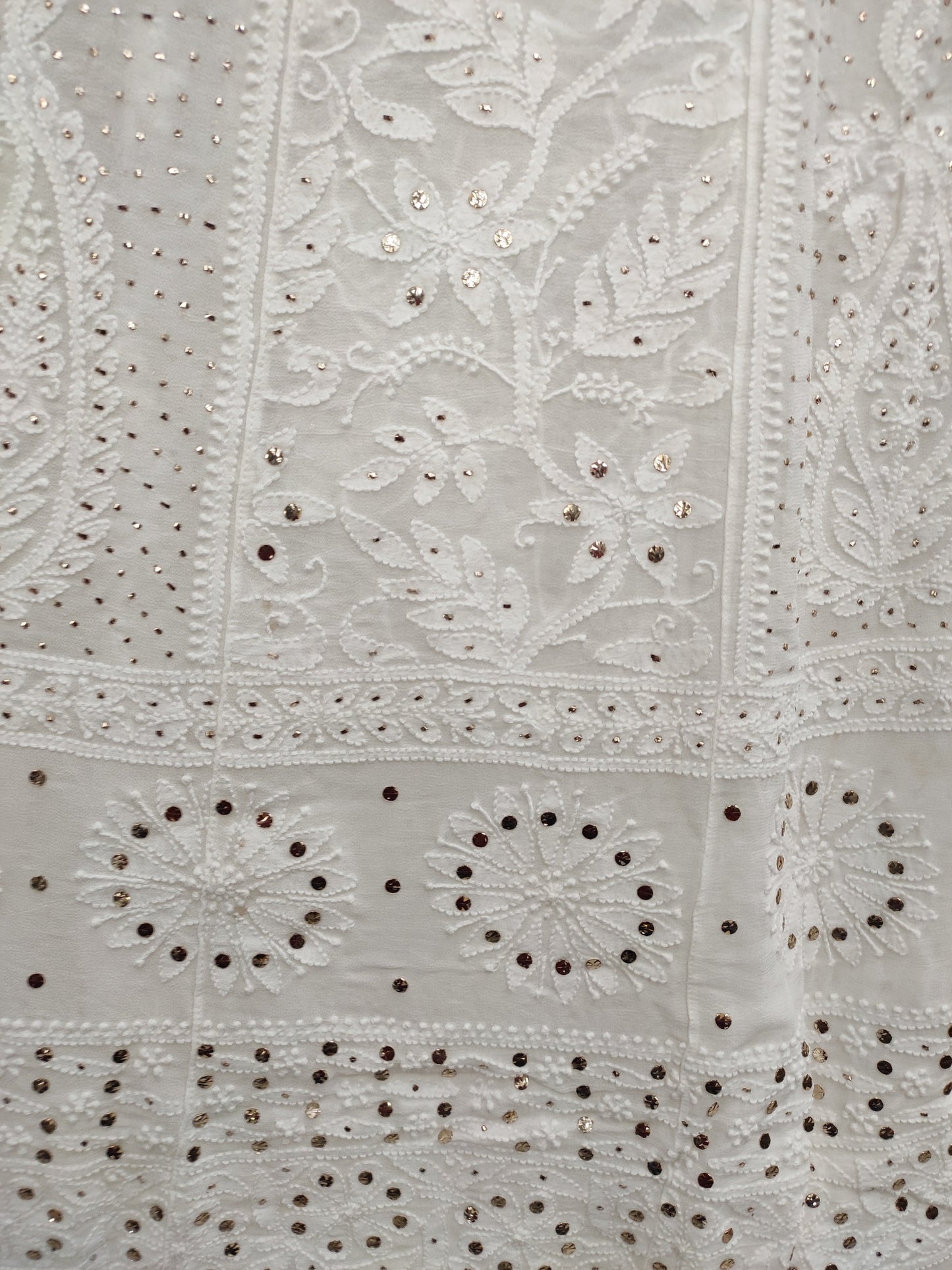 Hand Embroidered White HQ Viscose Georgette Lucknowi Chikankari Unstitched Anarkali (Set of 2) With Mukaish Work S20463