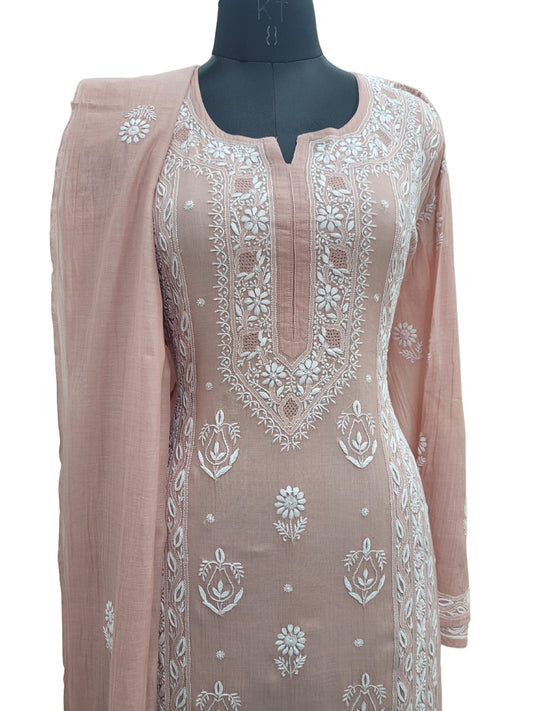 Shyamal Chikan Hand Embroidered Peach Mul Chanderi Lucknowi Chikankari semi stitched Suit Piece (Kurta Dupatta Set) - S23979