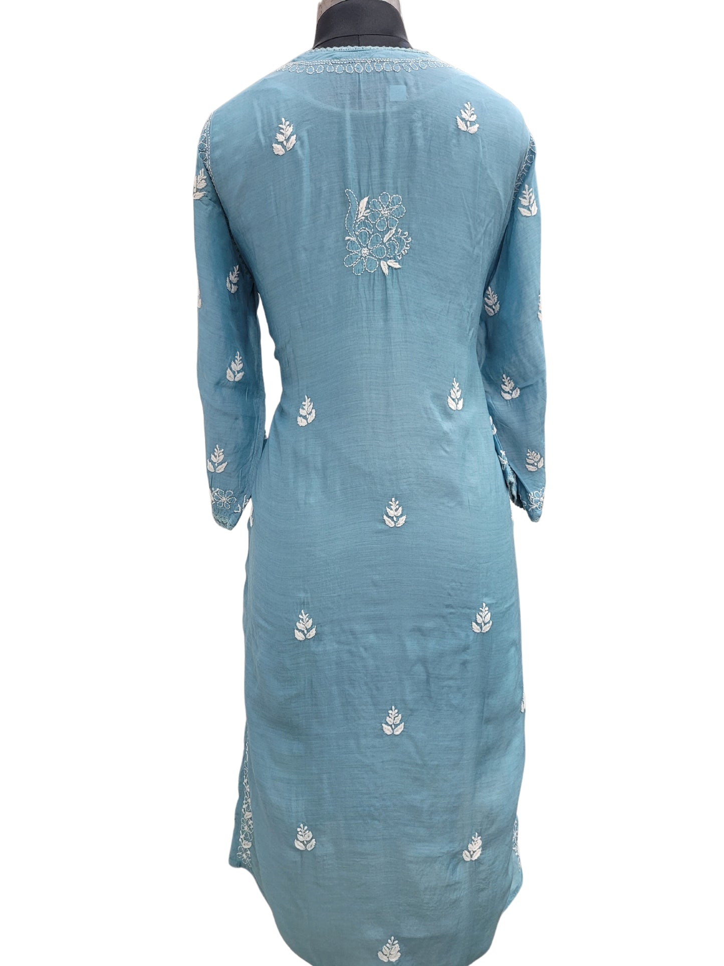 Shyamal Chikan Hand Embroidered Blue Muslin Lucknowi Chikankari Kurti - S24863