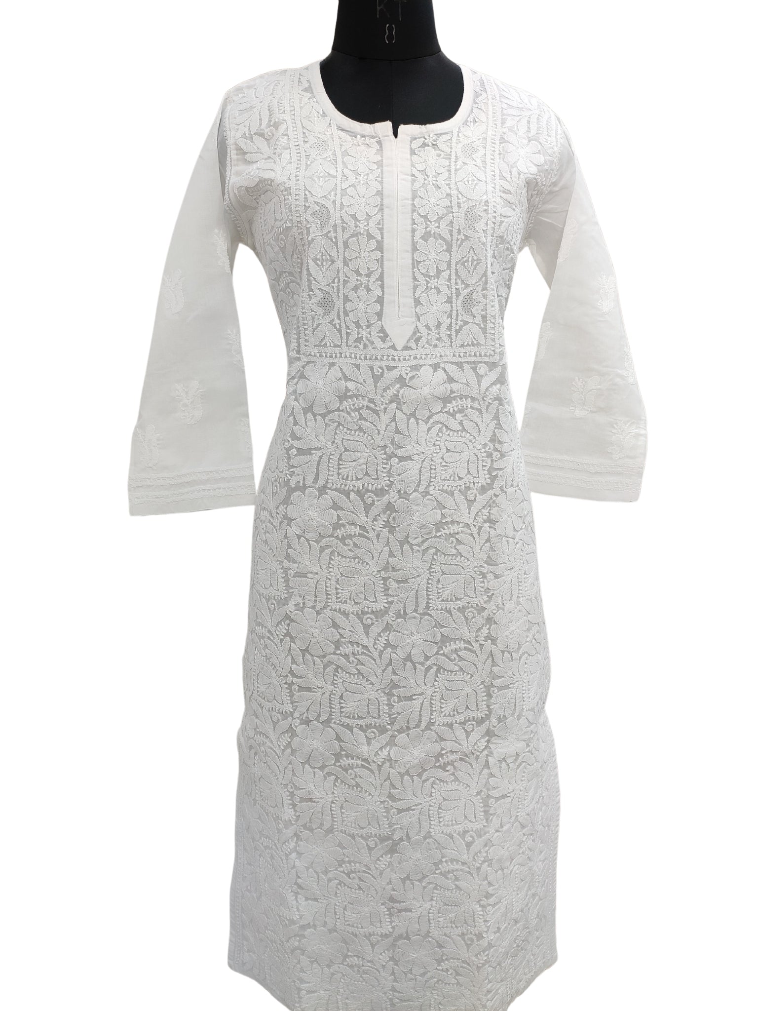 Shyamal Chikan Hand Embroidered White Cotton Lucknowi Chikankari Kurti- S21472