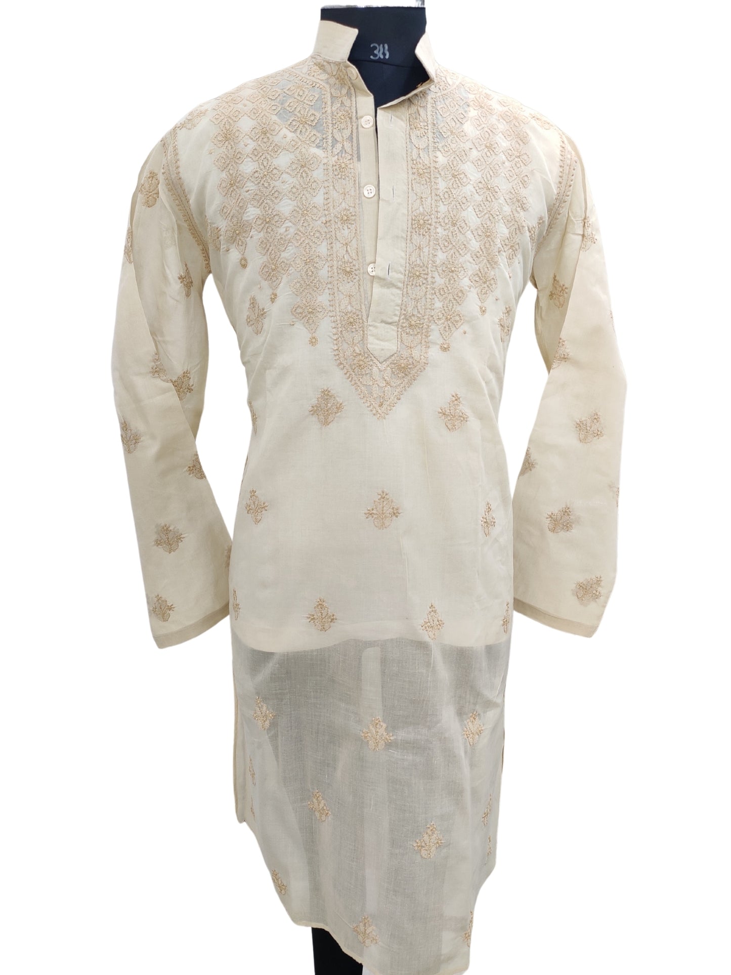 Shyamal Chikan Hand Embroidered Beige Cotton Lucknowi Chikankari Men's Kurta – S23607