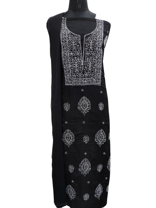 Shyamal Chikan Hand Embroidered Black Cotton Lucknowi Chikankari Unstitched Suit Piece 24181