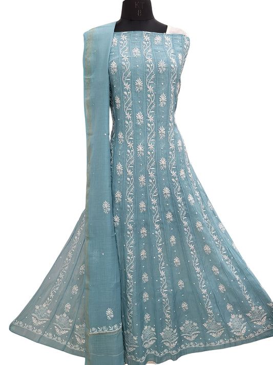 Hand Embroidered Peacock Blue Mul Chanderi Lucknowi Chikankari Unstitched Anarkali (Kurta Dupatta Set) With Pearl Cutdana & Sequin Work- S24451