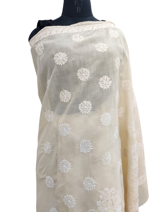 Shyamal Chikan Hand Embroidered Beige Cotton Lucknowi Chikankari Saree With Blouse Piece- S22515