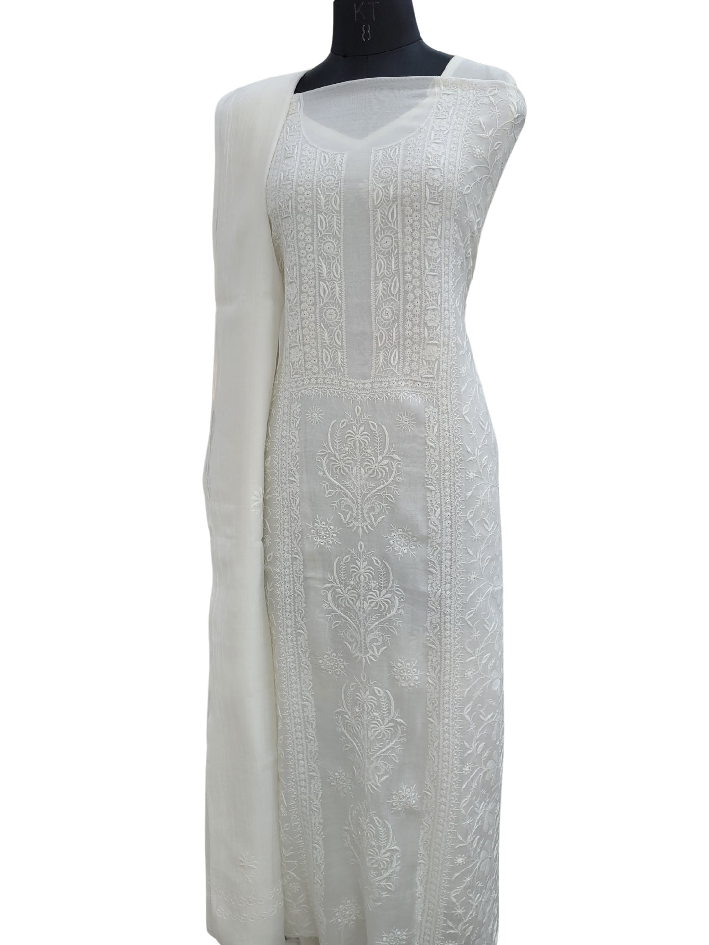 Shyamal Chikan Hand Embroidered White Mul Chanderi Lucknowi Chikankari Unstitched Suit Piece (Kurta Dupatta Set) - S24593