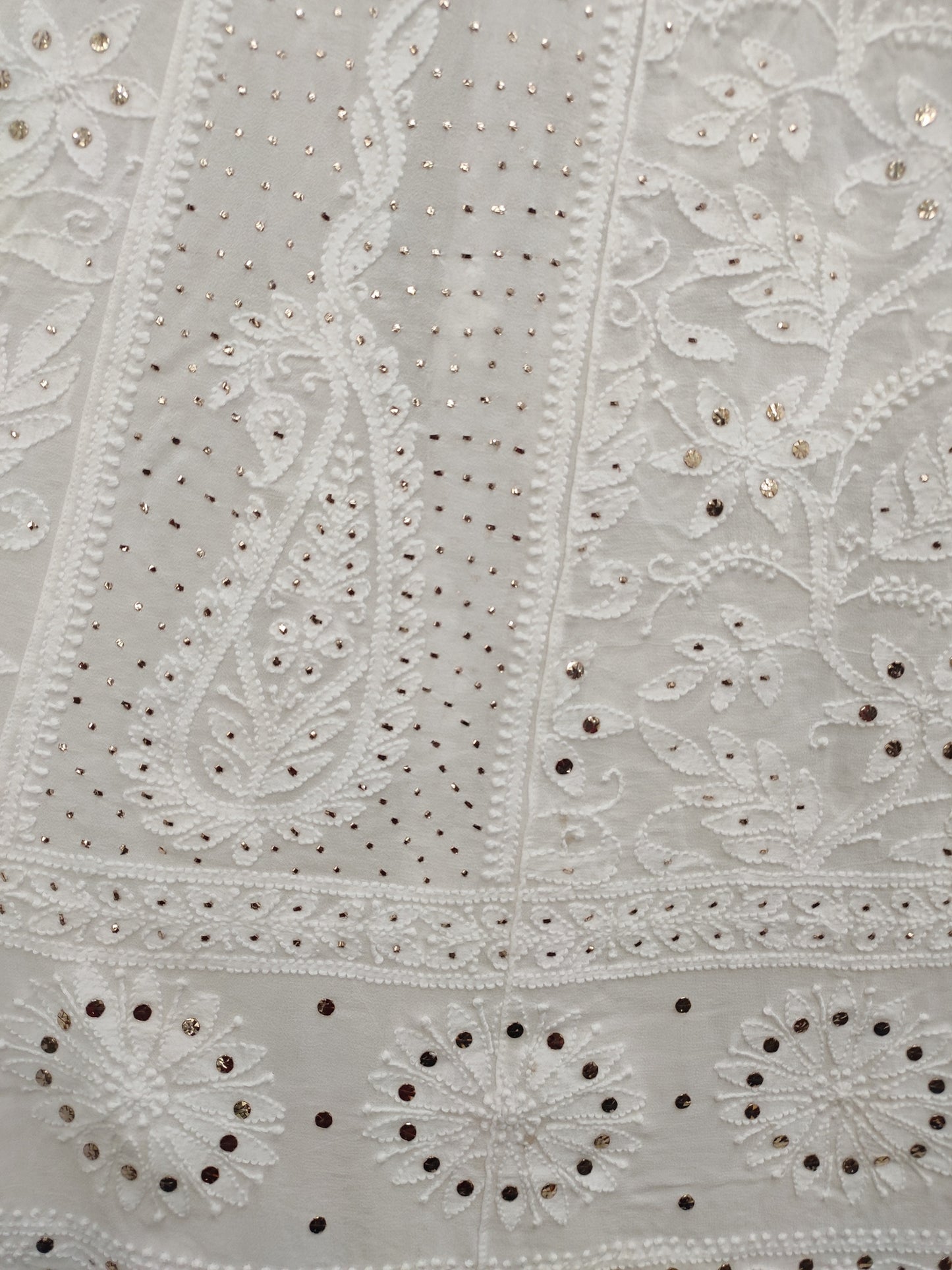 Hand Embroidered White HQ Viscose Georgette Lucknowi Chikankari Unstitched Anarkali (Kurta Dupatta Set) With Mukaish Work S20463
