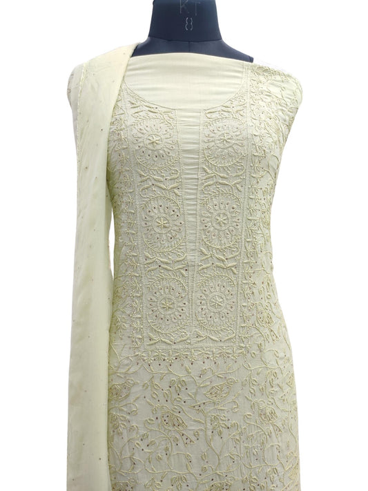 Shyamal Chikan Hand Embroidered Green Modal Lucknowi Chikankari Unstitched Suit Piece With Mukaish Work - S20832