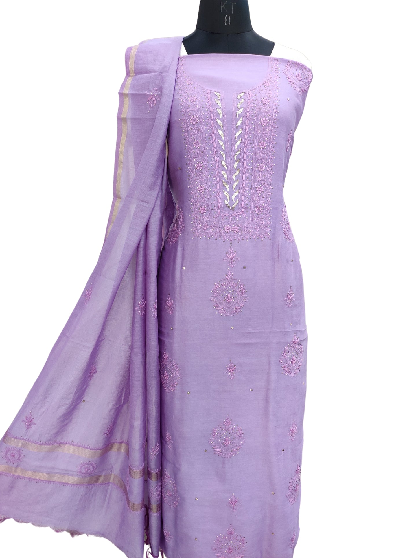 Shyamal Chikan Hand Embroidered Purple Chanderi Silk Lucknowi Chikankari Unstitched Suit Piece With Mukaish Work ( Kurta Dupatta Set) - S16781