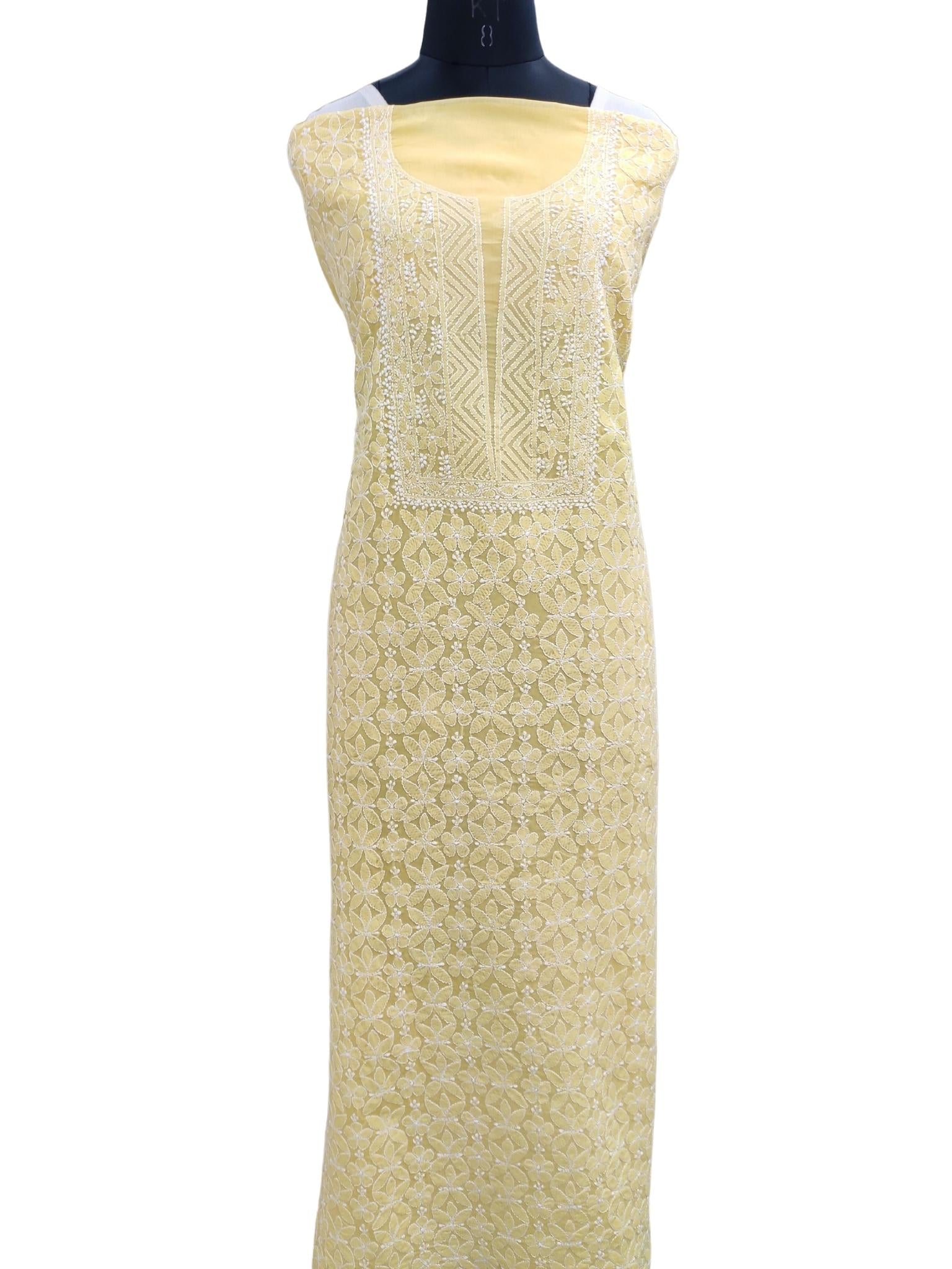 Shyamal Chikan Hand Embroidered Yellow Pure Cotton Lucknowi Chikankari Unstitched Kurta Piece - S20546