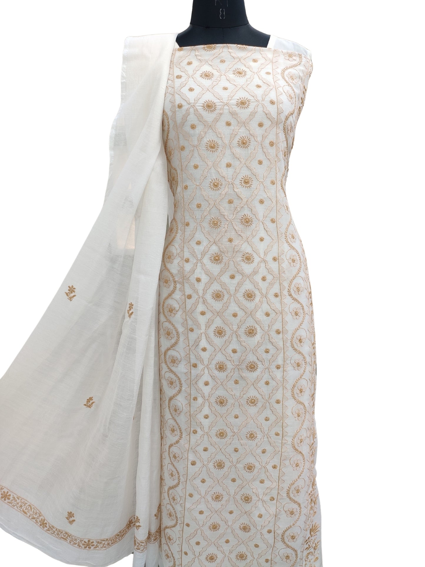 Shyamal Chikan Hand Embroidered White Mul Chanderi Lucknowi Chikankari Unstitched Suit Piece (Kurta Dupatta Set) - 23541