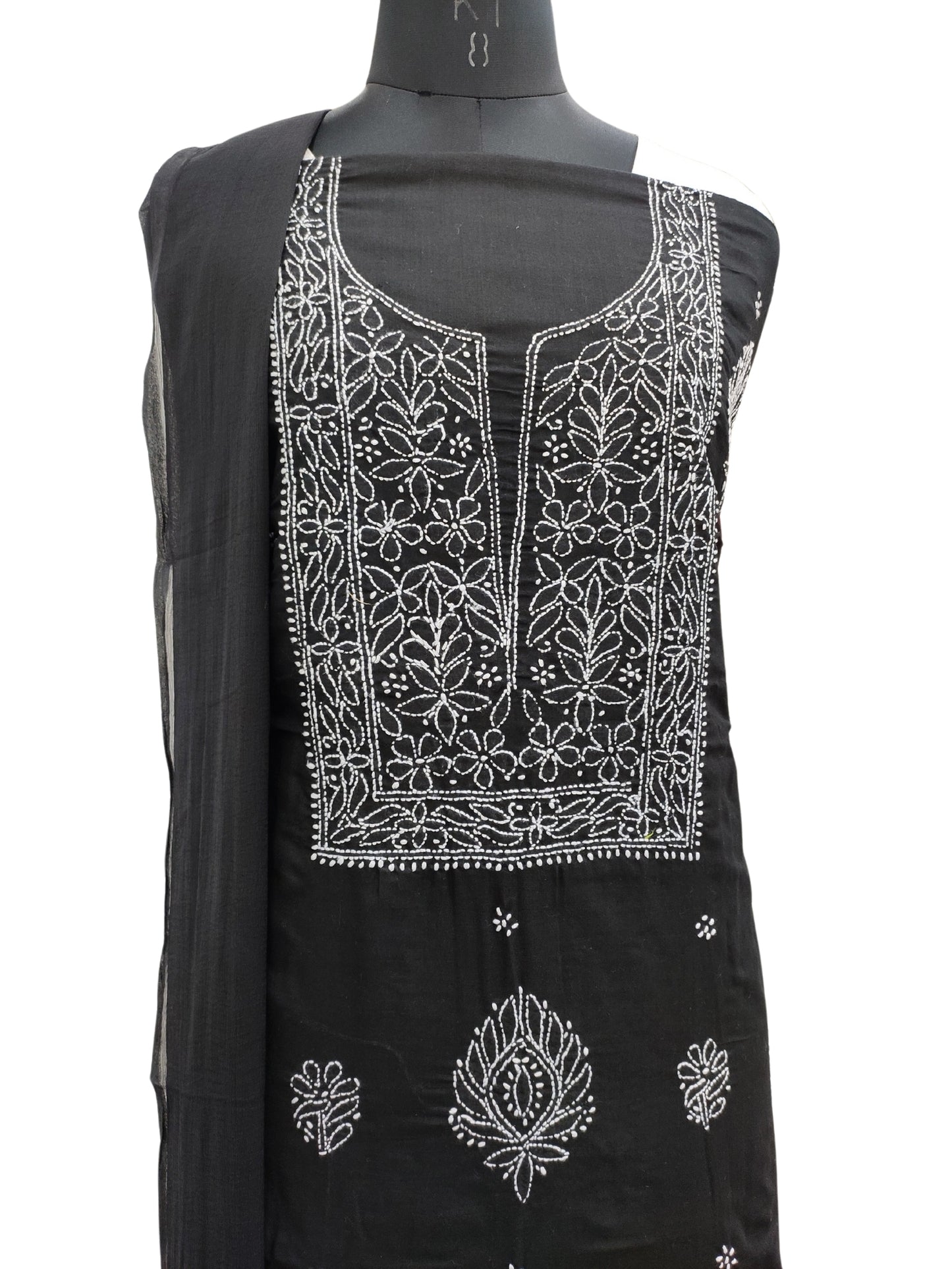 Shyamal Chikan Hand Embroidered Black Cotton Lucknowi Chikankari Unstitched Suit Piece 24181