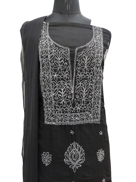 Shyamal Chikan Hand Embroidered Black Cotton Lucknowi Chikankari Unstitched Suit Piece - S24181