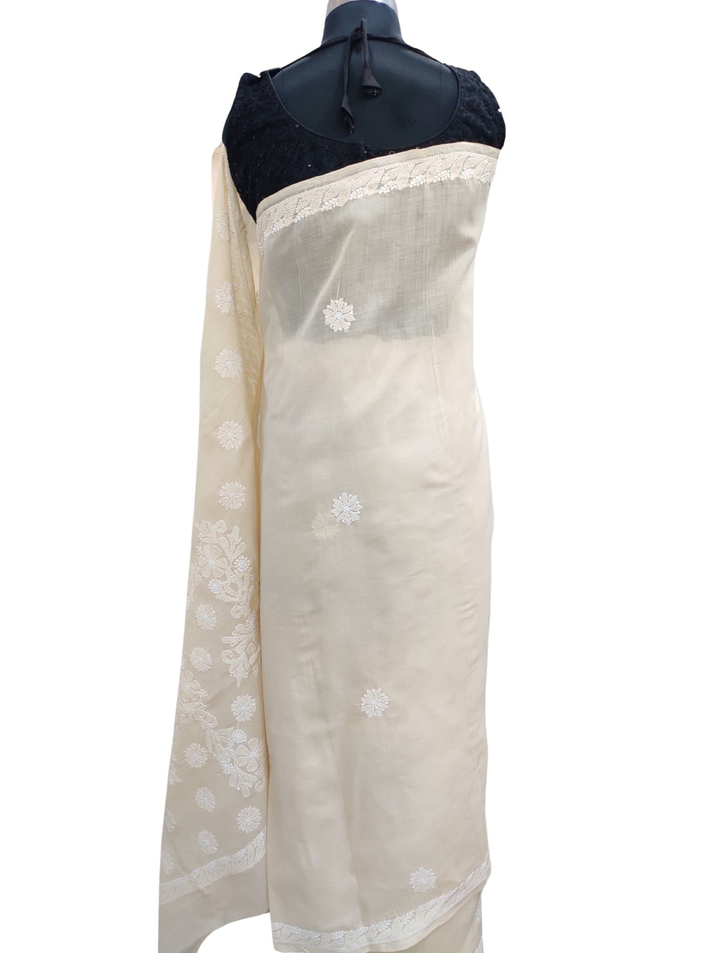 Shyamal Chikan Hand Embroidered Beige Cotton Lucknowi Chikankari Saree With Blouse Piece- S22515