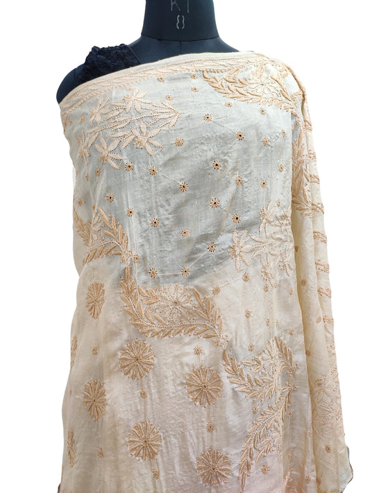 Shyamal Chikan Hand Embroidered Beige Pure Tusser Silk Lucknowi Chikankari Saree With Blouse Piece- S21295