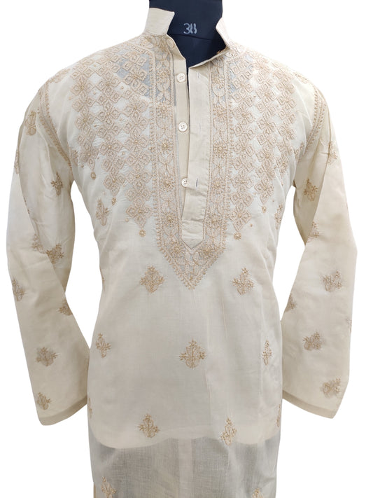 Shyamal Chikan Hand Embroidered Beige Cotton Lucknowi Chikankari Men's Kurta – S23607