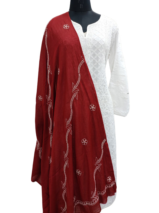 Shyamal Chikan Hand Embroidered Red Malmal Cotton Lucknowi Chikankari Dupatta - S22005