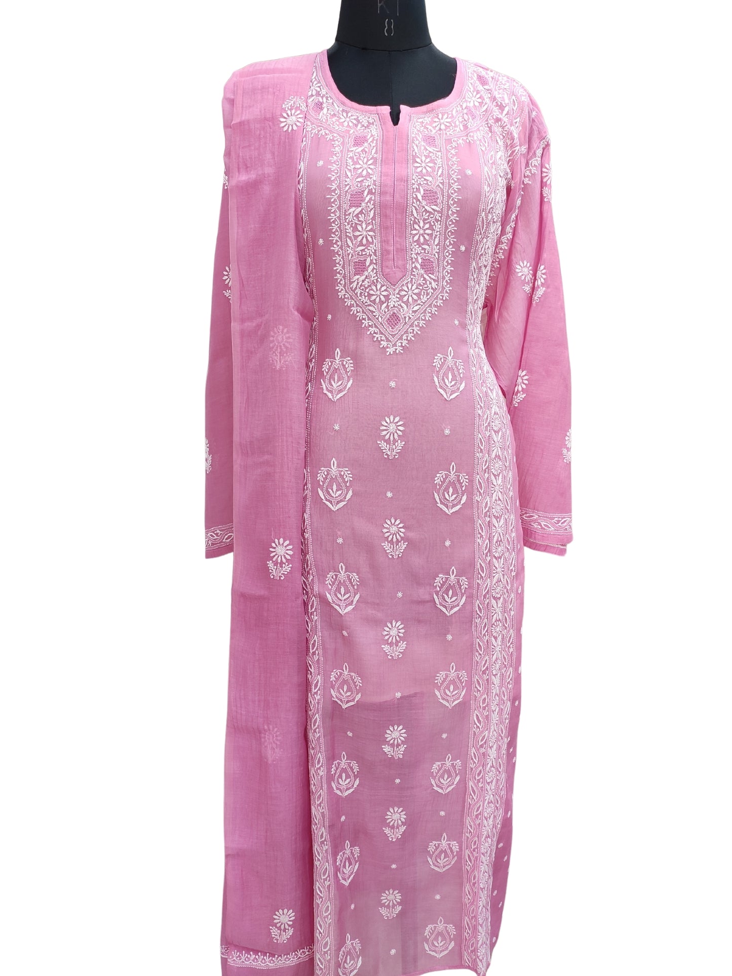 Shyamal Chikan Hand Embroidered Pink Mul Chanderi Lucknowi Chikankari semi stitched Suit Piece (Kurta Dupatta Set) - S22772