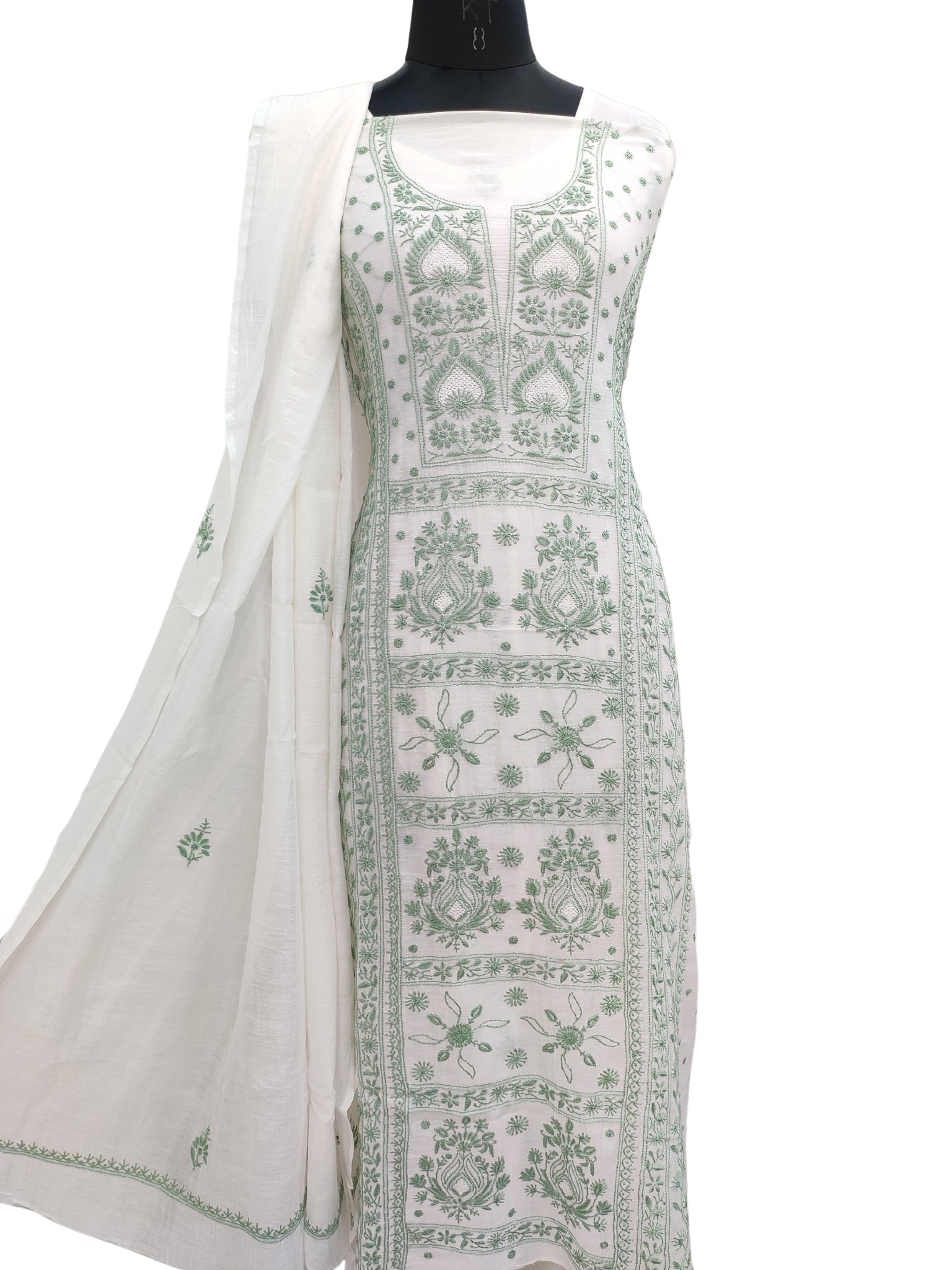 Shyamal Chikan Hand Embroidered White Mul Chanderi Lucknowi Chikankari Unstitched Suit Piece (Kurta Dupatta Set) - S24333