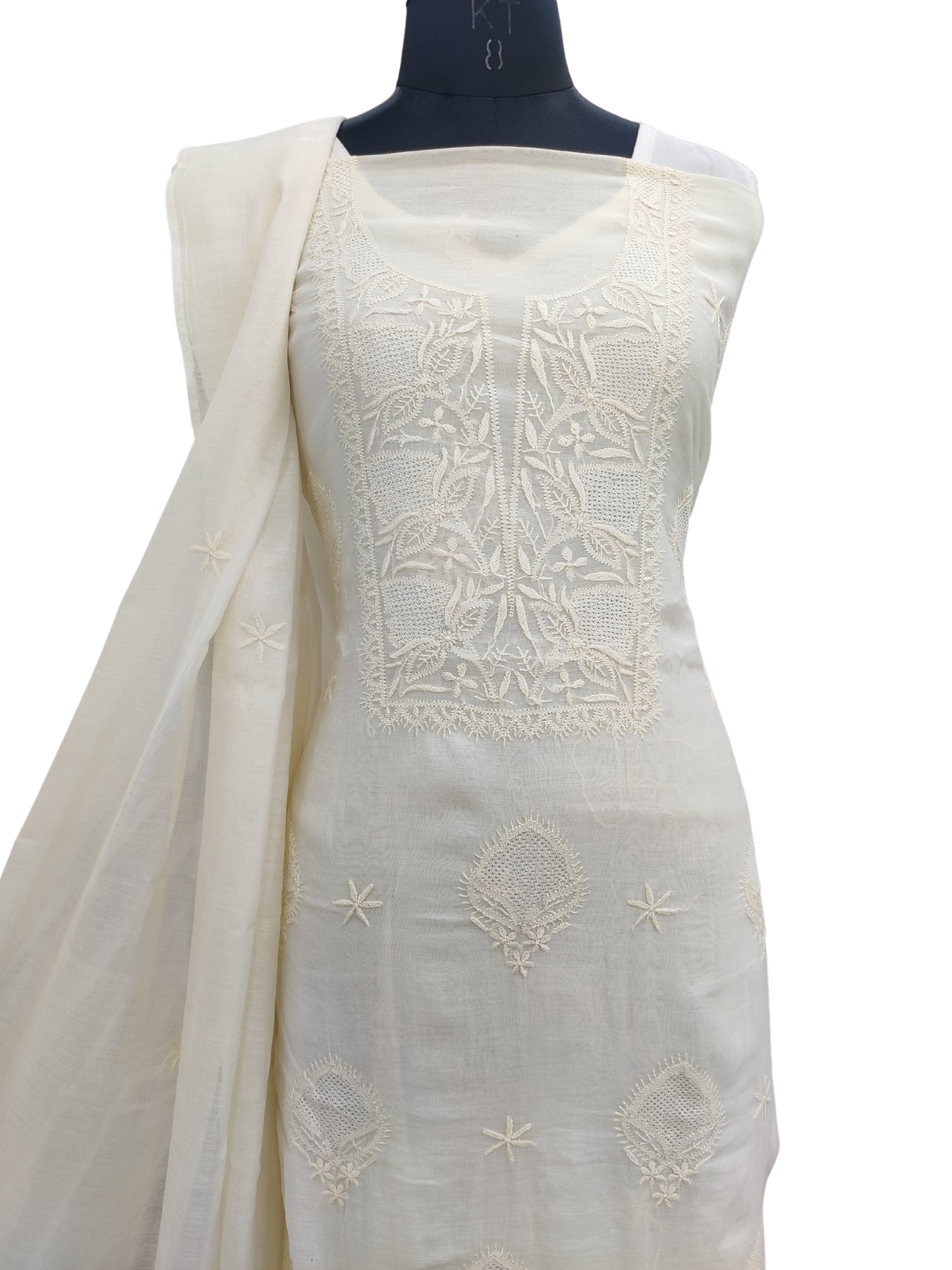 Shyamal Chikan Hand Embroidered Fawn Mul Chanderi Lucknowi Chikankari Unstitched Suit Piece with Jaali Work (Kurta Dupatta Set) - 23732