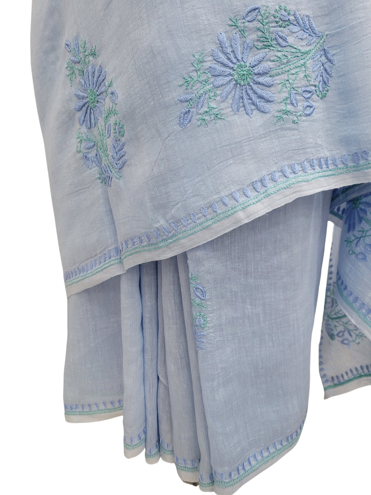 Shyamal Chikan Hand Embroidered Blue Pure Lenin Lucknowi Chikankari Saree With Blouse Piece- S24057