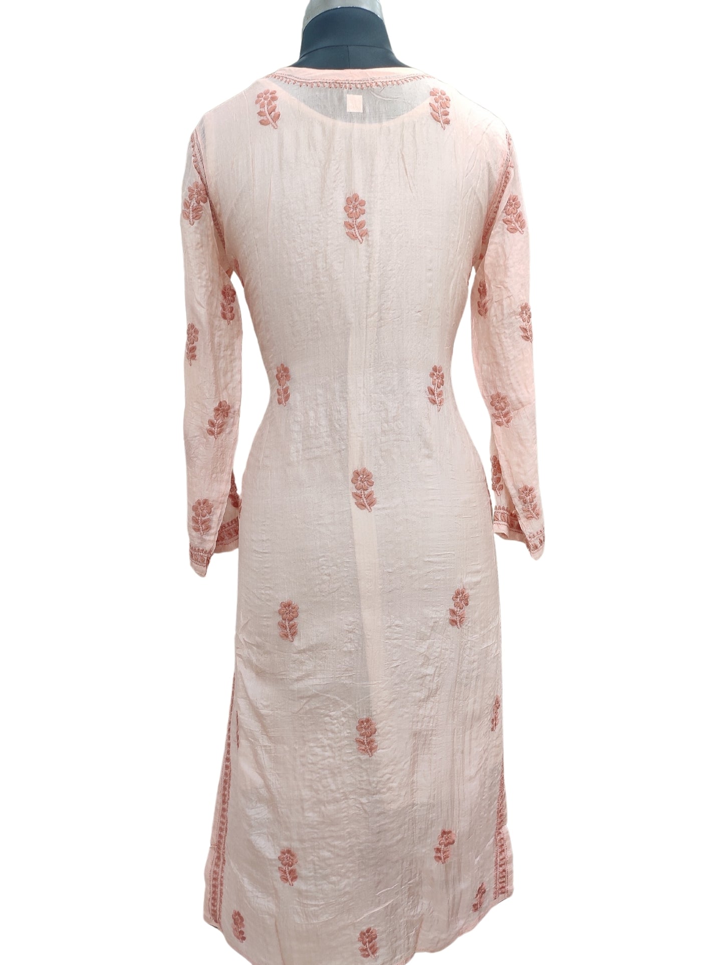 Shyamal Chikan Hand Embroidered Peach Pure Tusser Silk Lucknowi Chikankari Kurti- S24405