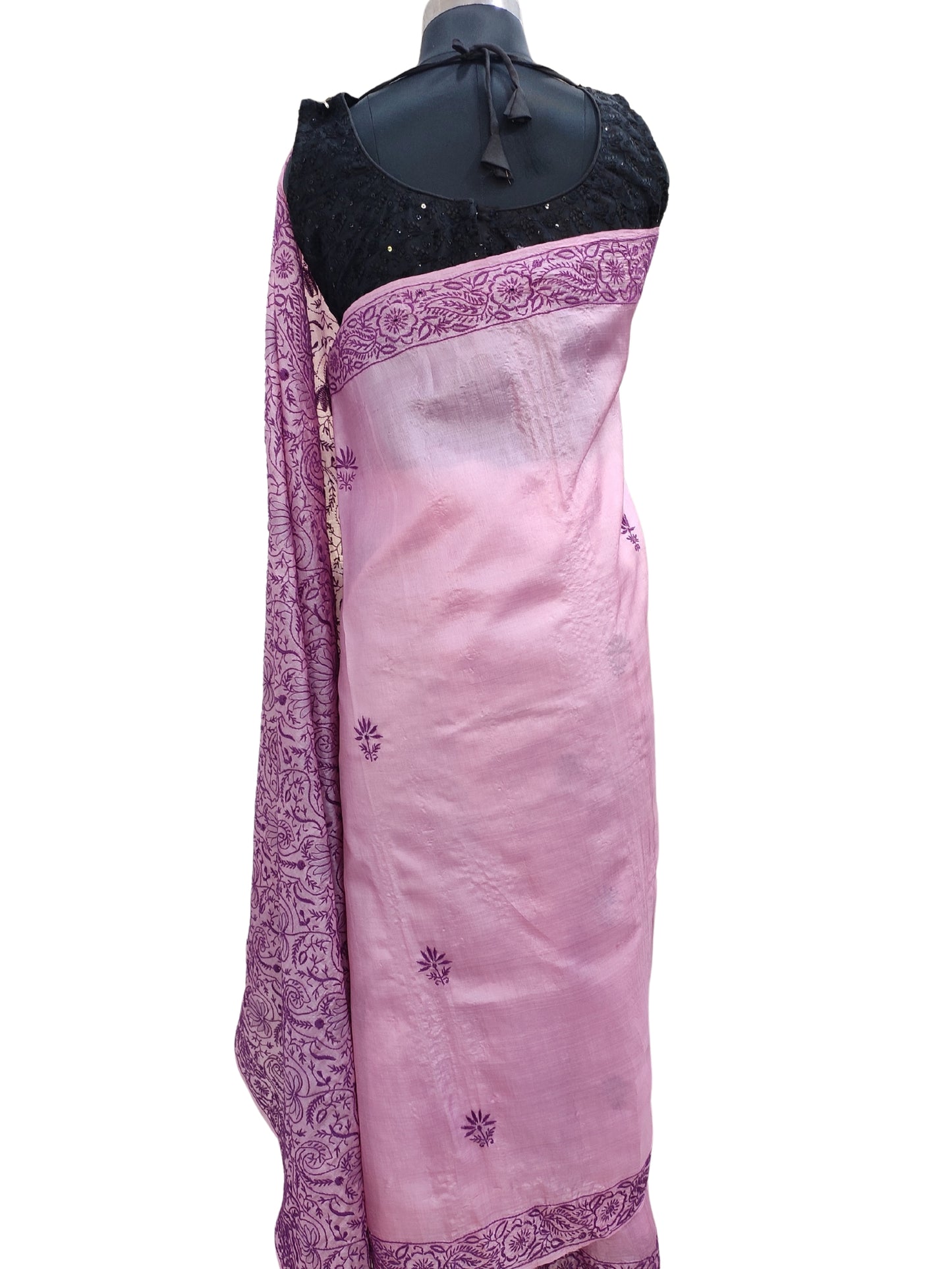 Shyamal Chikan Hand Embroidered Purple Tusser Silk Lucknowi Chikankari Saree With Blouse Piece- S22472