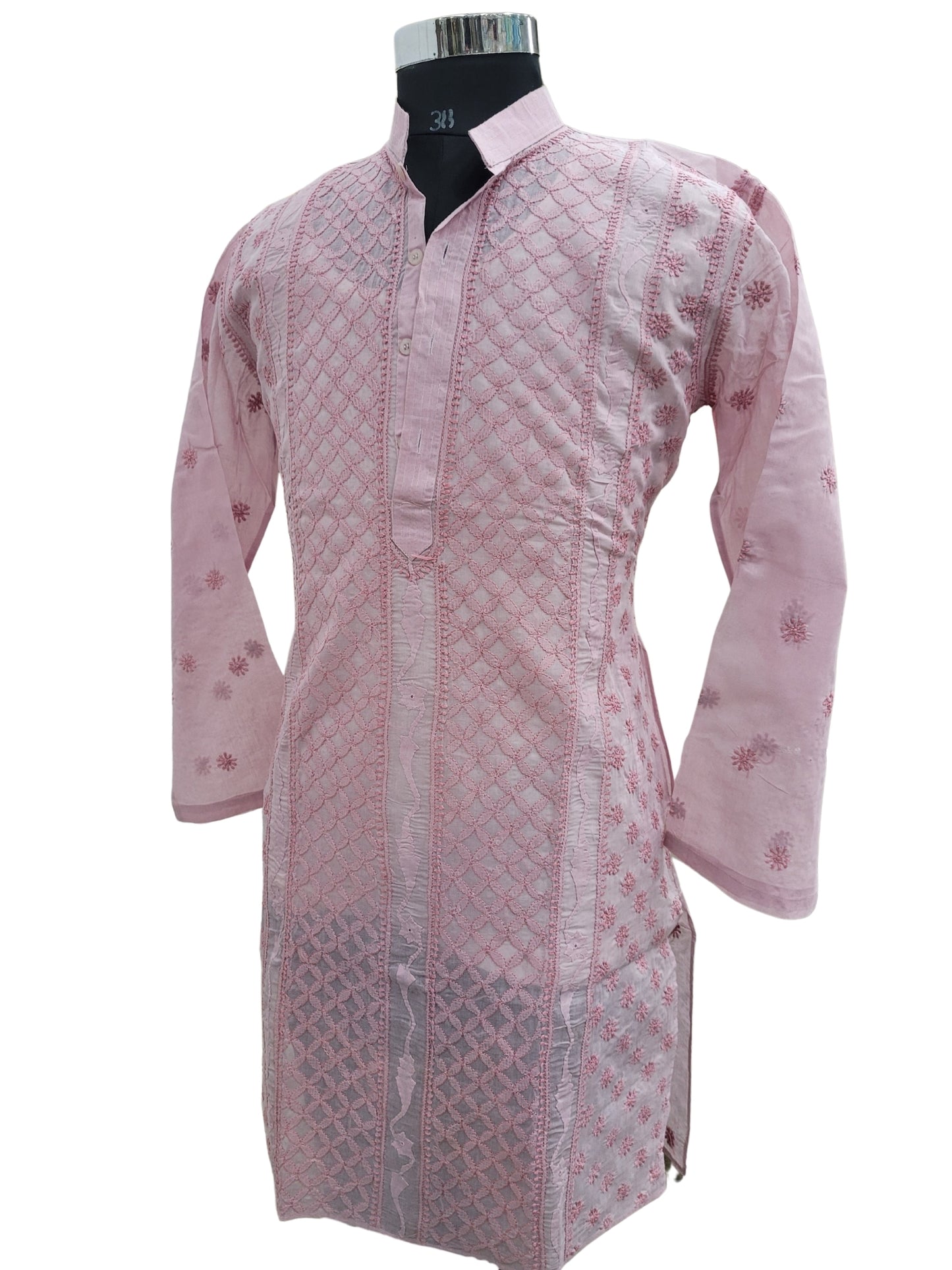 Shyamal Chikan Hand Embroidered Pink Cotton Lucknowi Chikankari Men's Kurta With Daraz Work S25009