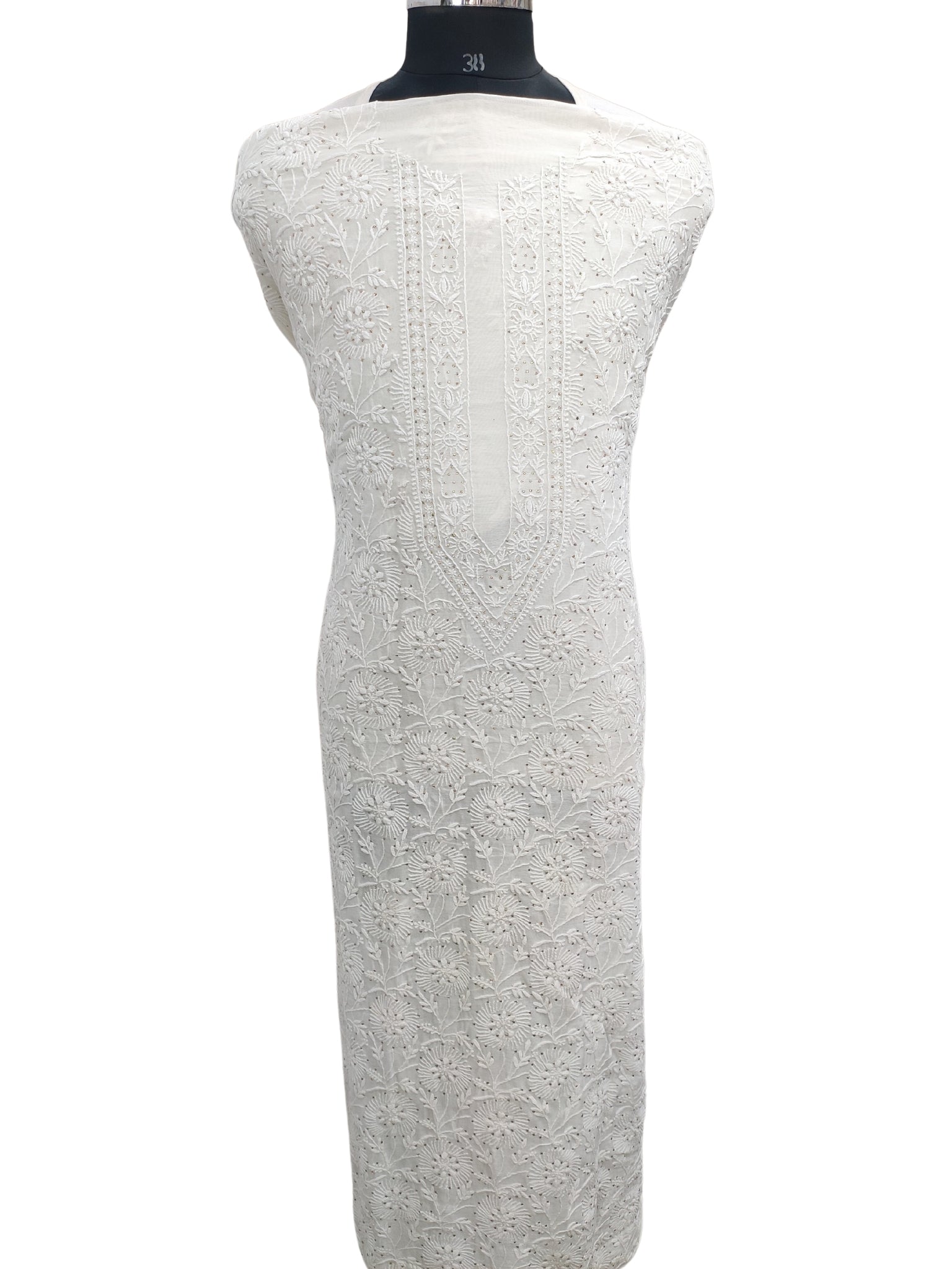 Shyamal Chikan Hand Embroidered White Pure Chanderi Silk Lucknowi Chikankari Unstitched Men's Kurta Piece With Mukaish Work – S20835