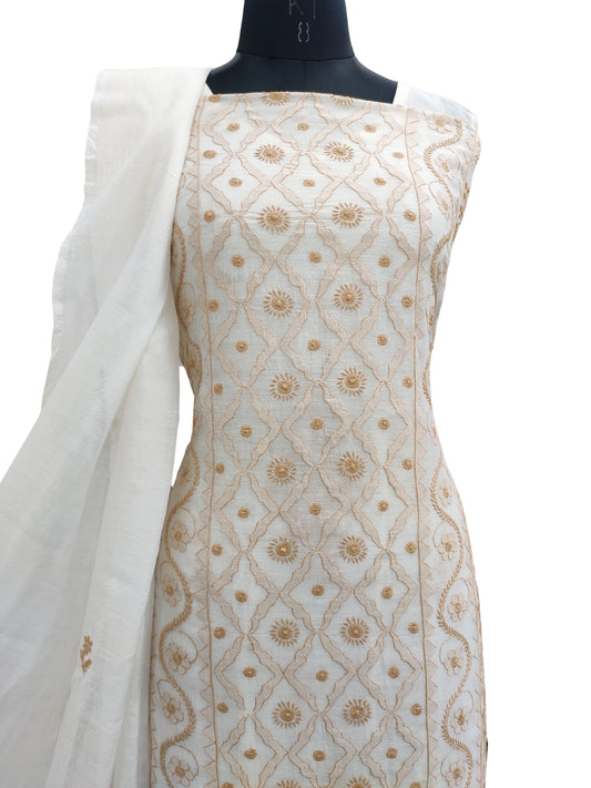 Shyamal Chikan Hand Embroidered White Mul Chanderi Lucknowi Chikankari Unstitched Suit Piece (Kurta Dupatta Set) - 23541