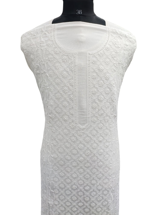 Shyamal Chikan Hand Embroidered White Malmal Cotton Lucknowi Chikankari Unstitched Men's Kurta Piece With Daraz Work – S26393