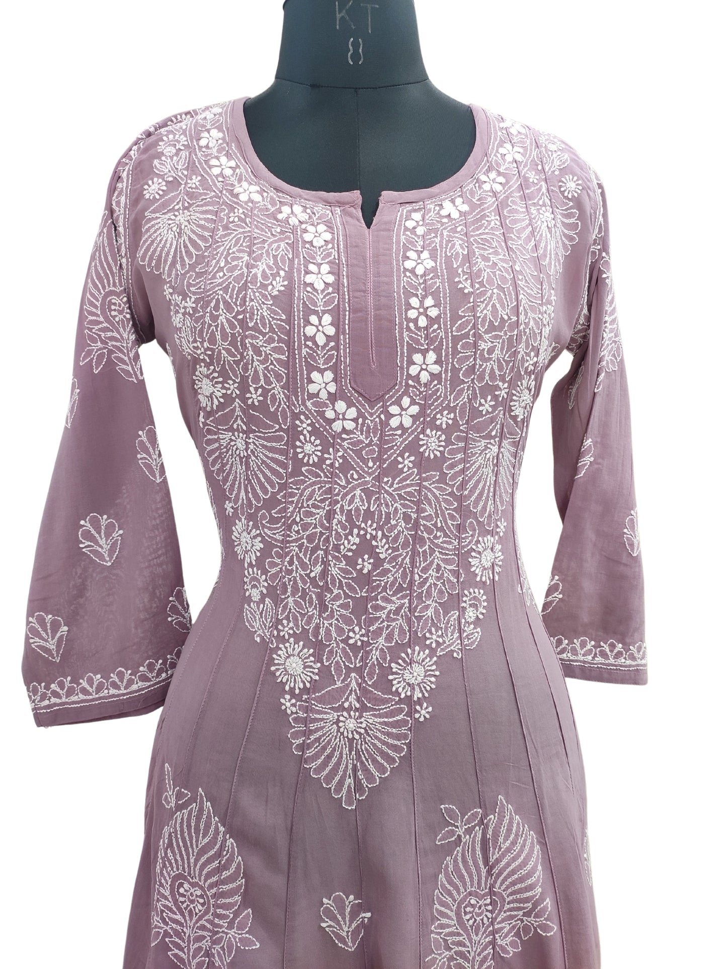 Shyamal Chikan Hand Embroidered Wine Pure Cotton Lucknowi Chikankari Anarkali - 23989