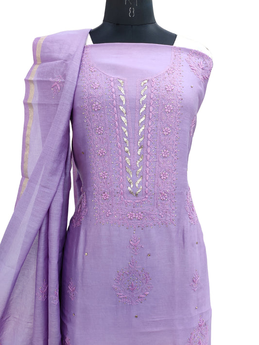 Shyamal Chikan Hand Embroidered Purple Chanderi Silk Lucknowi Chikankari Unstitched Suit Piece With Mukaish Work ( Kurta Dupatta Set) - S16781