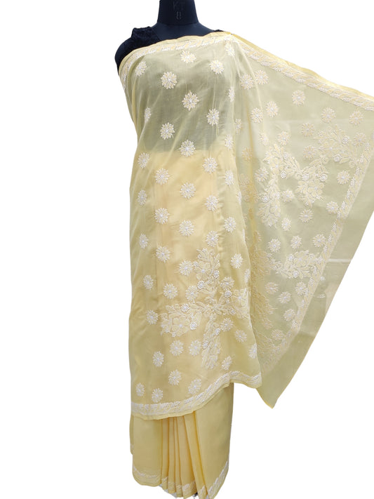 Shyamal Chikan Hand Embroidered Yellow Cotton Lucknowi Chikankari Saree With Blouse Piece- S22518
