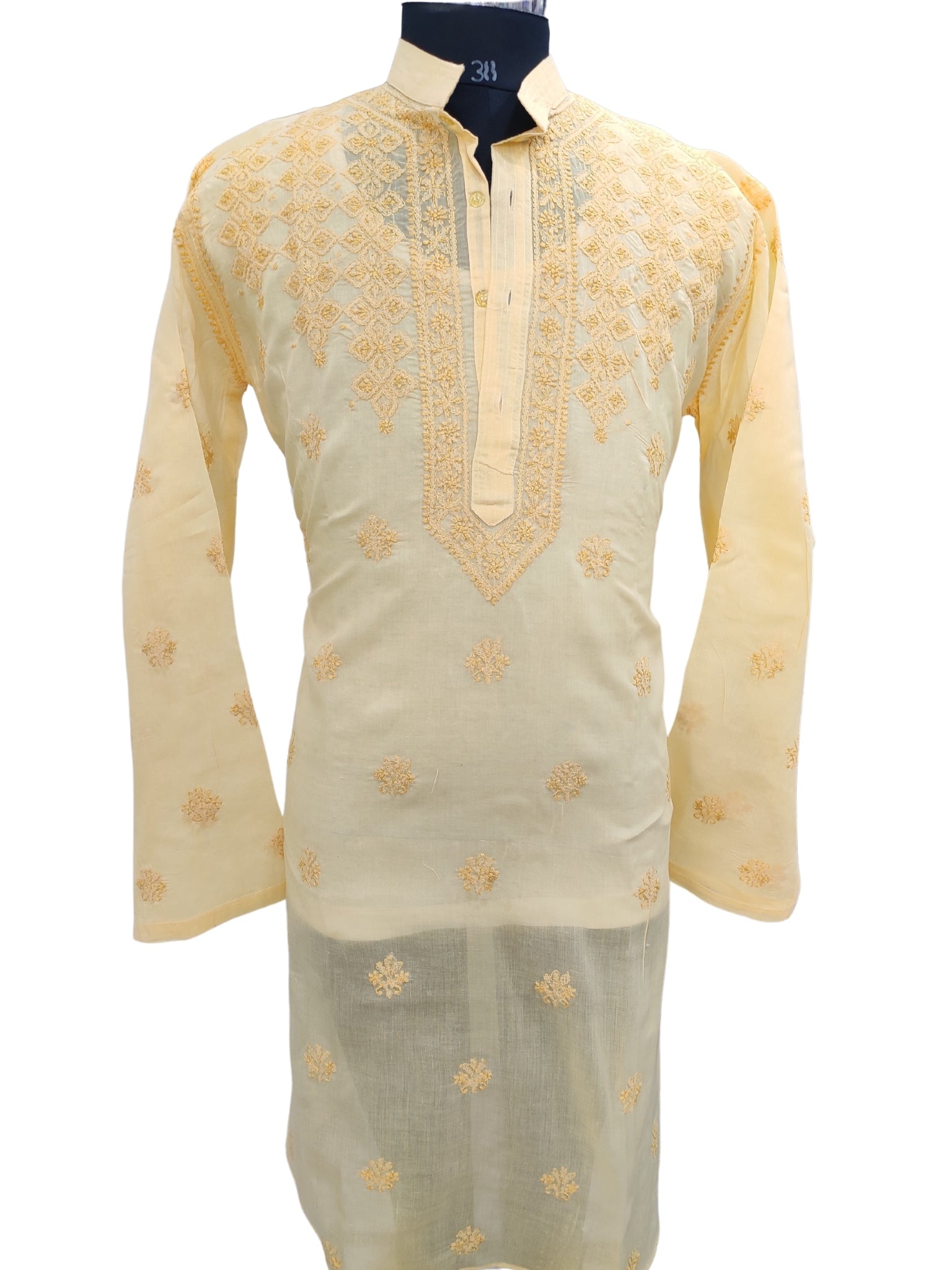 Shyamal Chikan Hand Embroidered Yellow Cotton Lucknowi Chikankari Men's Kurta – S23596