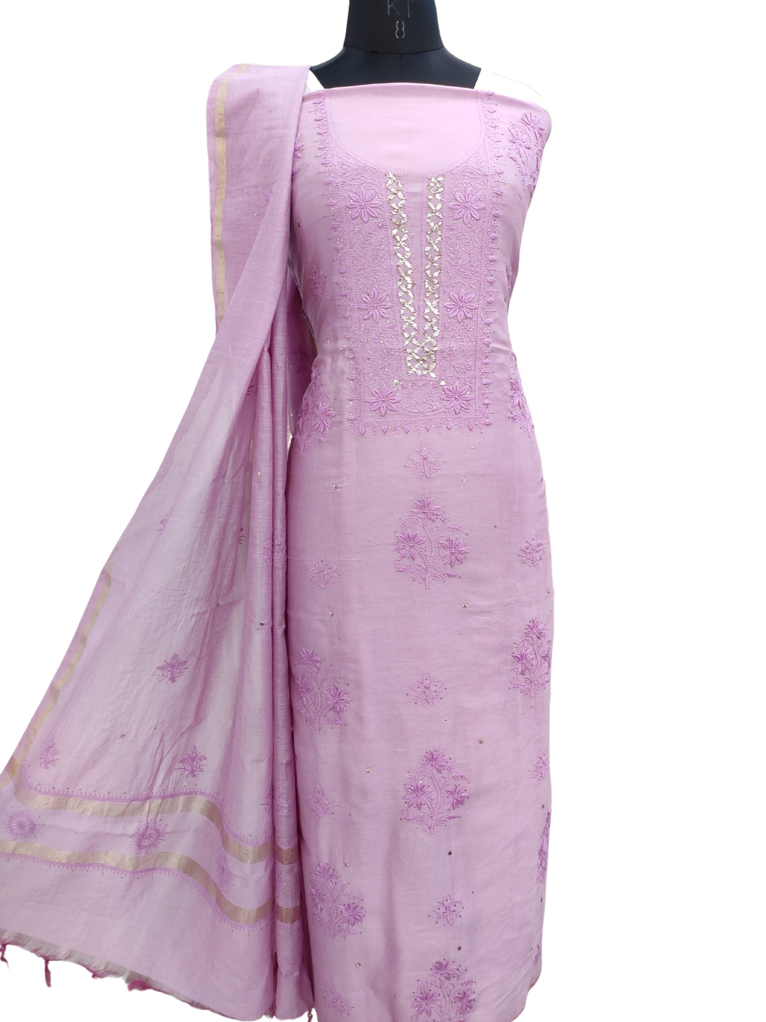 Shyamal Chikan Hand Embroidered Purple Pure Chanderi Silk Lucknowi Chikankari Unstitched Suit Piece With Mukaish Work ( Kurta Dupatta Set ) - S16376