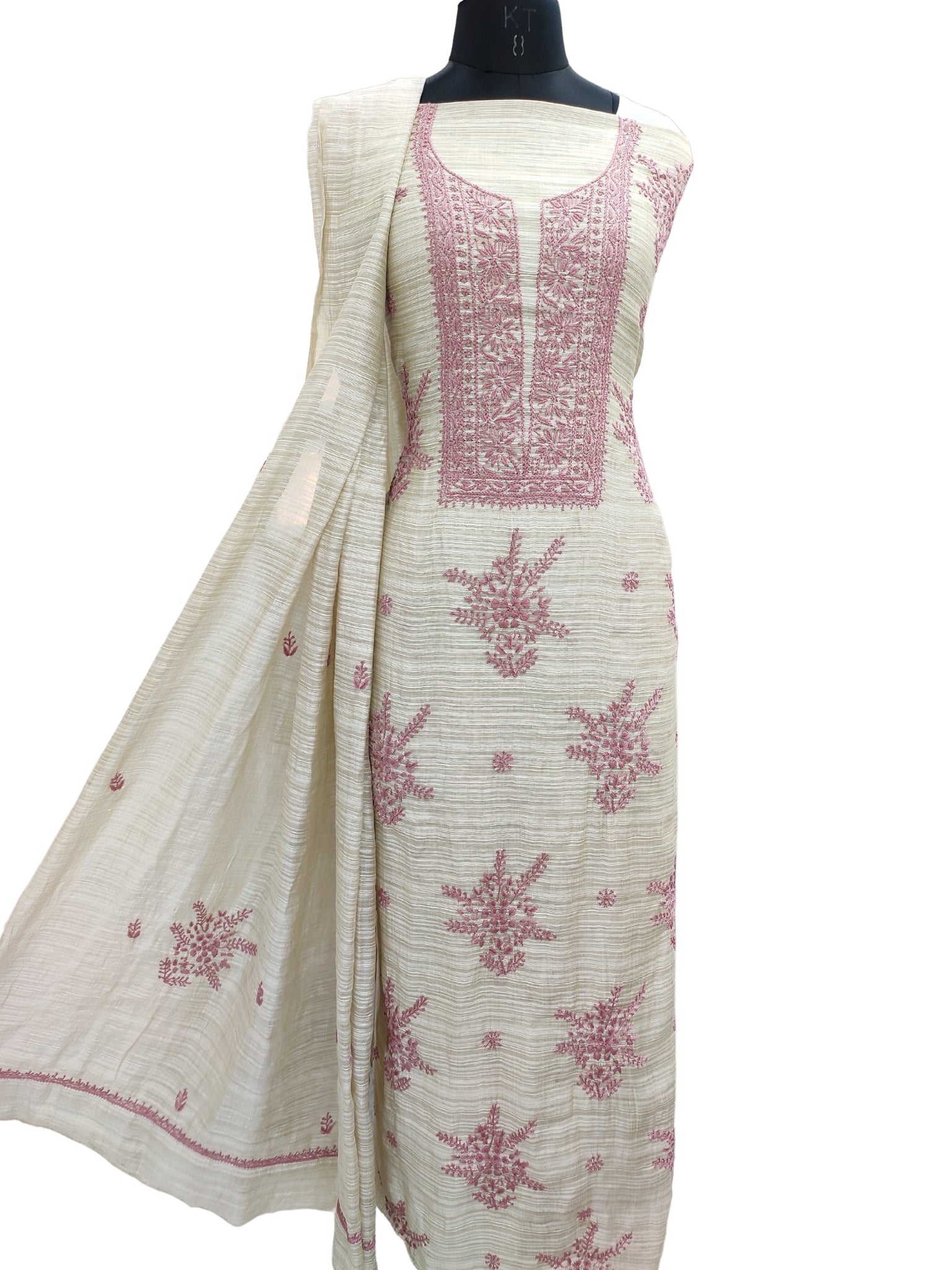Shyamal Chikan Hand Embroidered Natural Fawn Chanderi Lucknowi Chikankari Unstitched Suit Piece ( Set of 2 ) S20692
