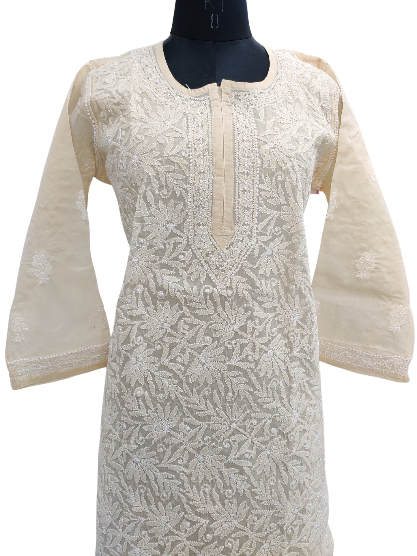 Shyamal Chikan Hand Embroidered Beige Cotton Lucknowi Chikankari Kurti- S21474