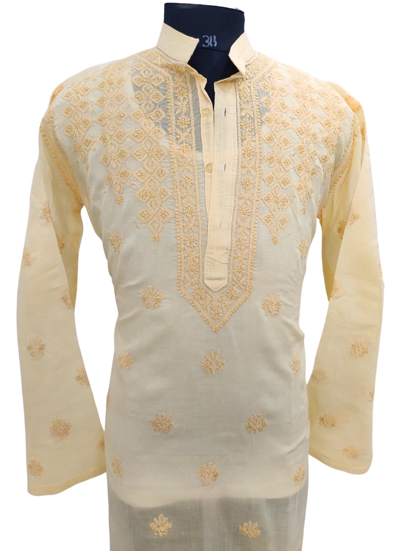 Shyamal Chikan Hand Embroidered Yellow Cotton Lucknowi Chikankari Men's Kurta – S23596