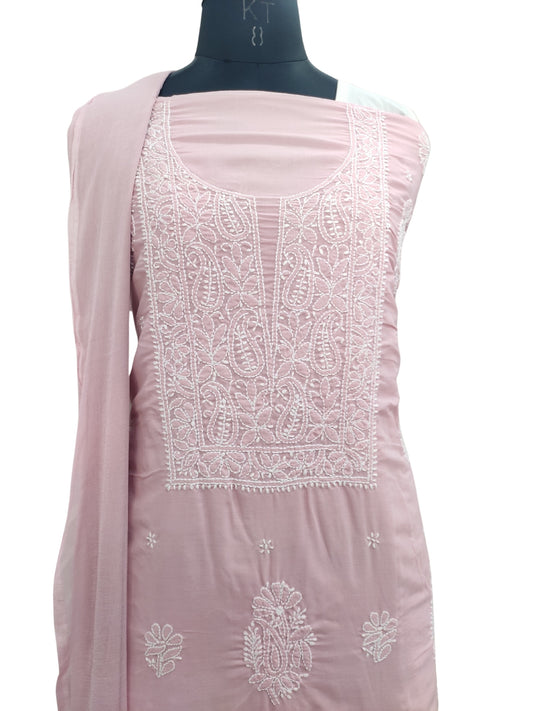 Shyamal Chikan Hand Embroidered Onion Pink Cotton Lucknowi Chikankari Unstitched Suit Piece - S24184